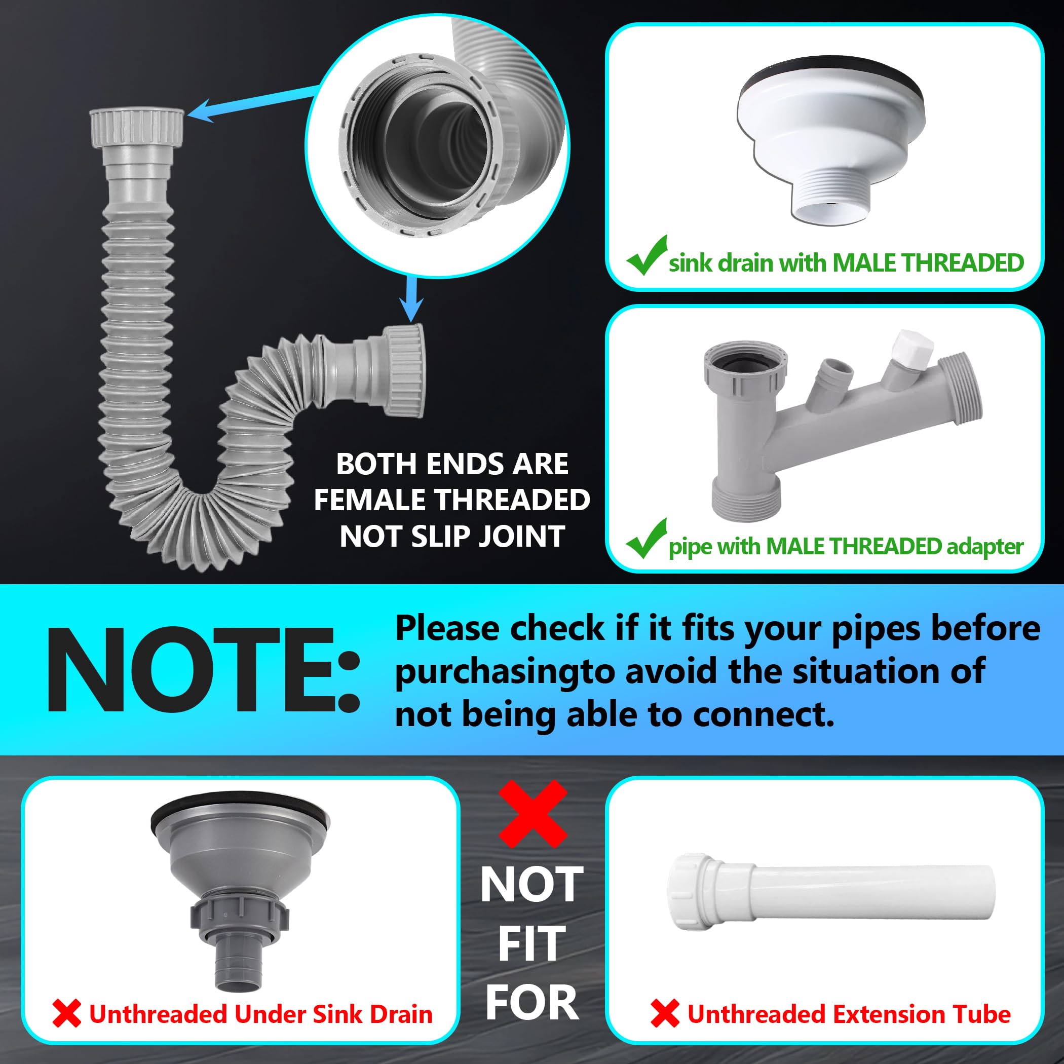 Rackickyer Sink Drain Pipe Kit, 2 Pack Flexible Drain Pipe P Trap